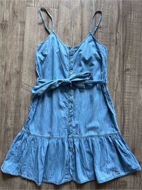 Chambray Light Blue Denim Button Front Sundress Tie Waist country summer boho